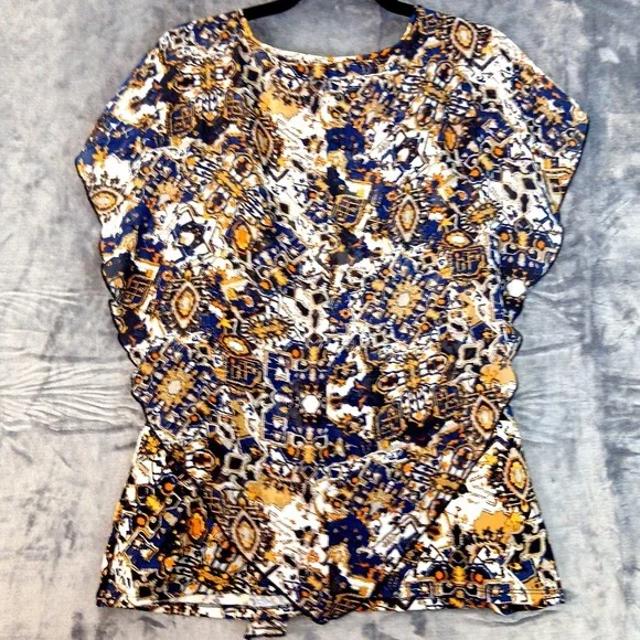 Notations Shirt Womens Medium Boho Floral Abstract Print Keyhole Blouse Top - Picture 2 of 7